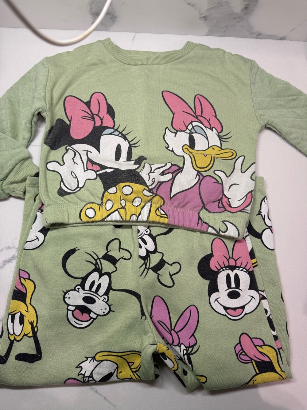 Disney Green Girls Pajama Set with Pink and Yellow Accents